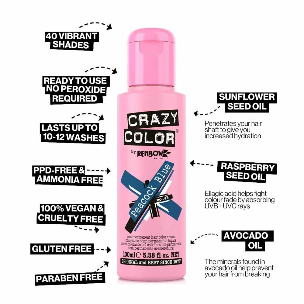 Crazy Color Peacock Blue Semi-Permanent Vibrant Teal Hair Dye