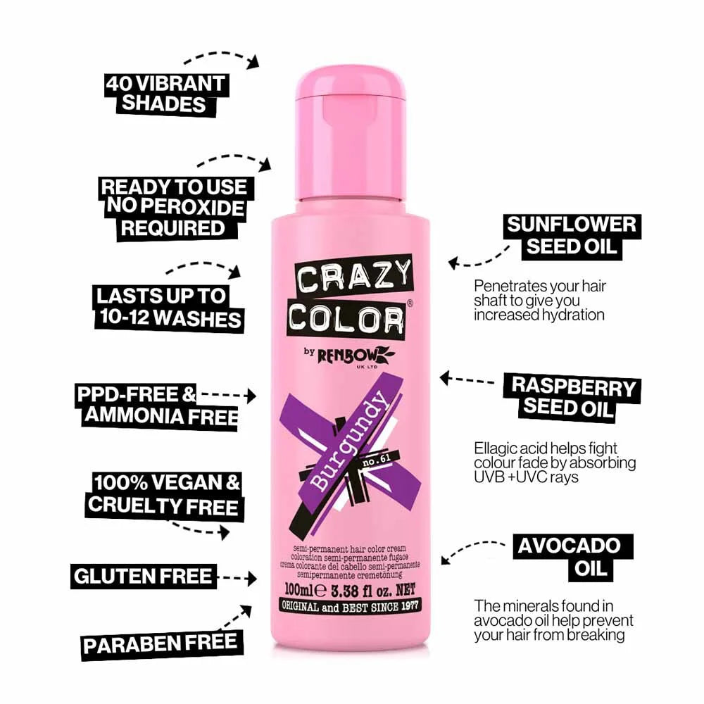 Crazy Color Burgundy Semi-Permanent Rich Purple Hair Dye