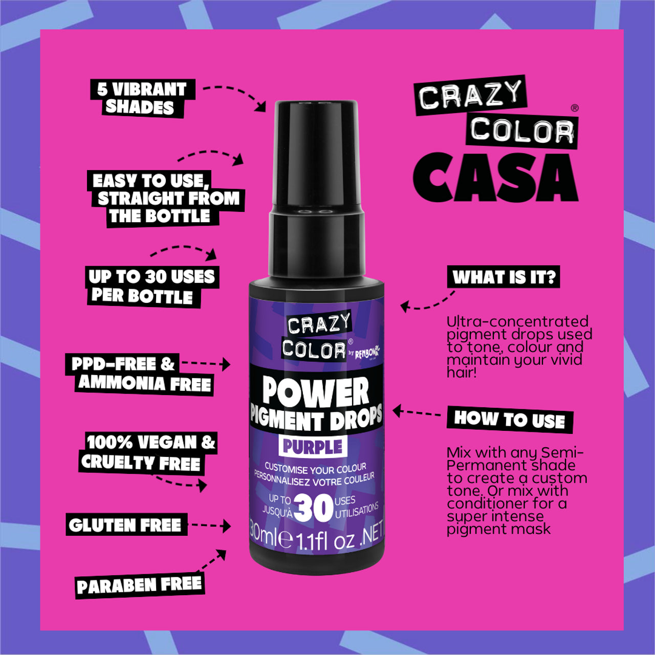 Crazy Color POWER Pigment Drops Purple Tone, colour and maintain your hair!