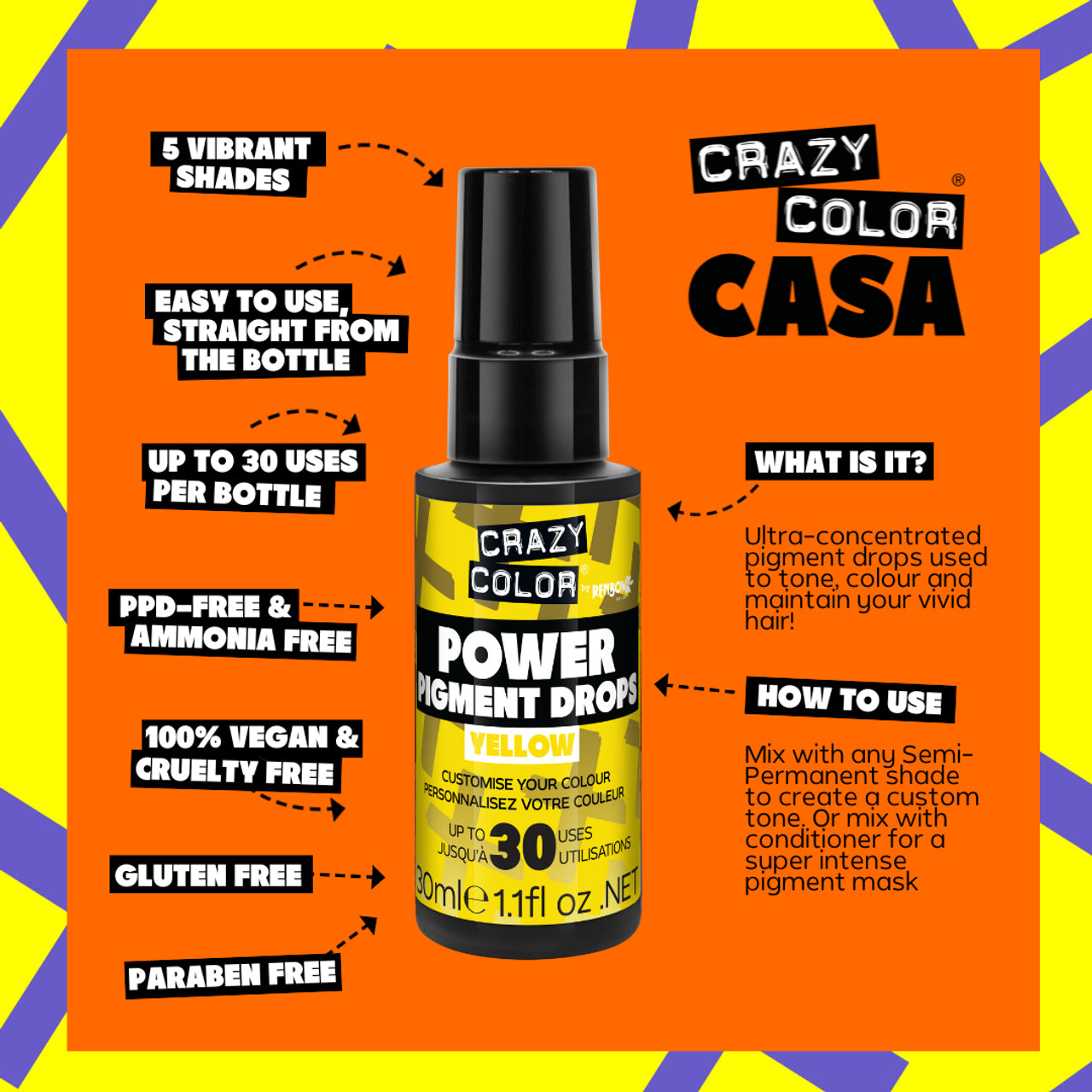 Crazy Color POWER Pigment Drops Yellow Tone, colour and maintain your hair!